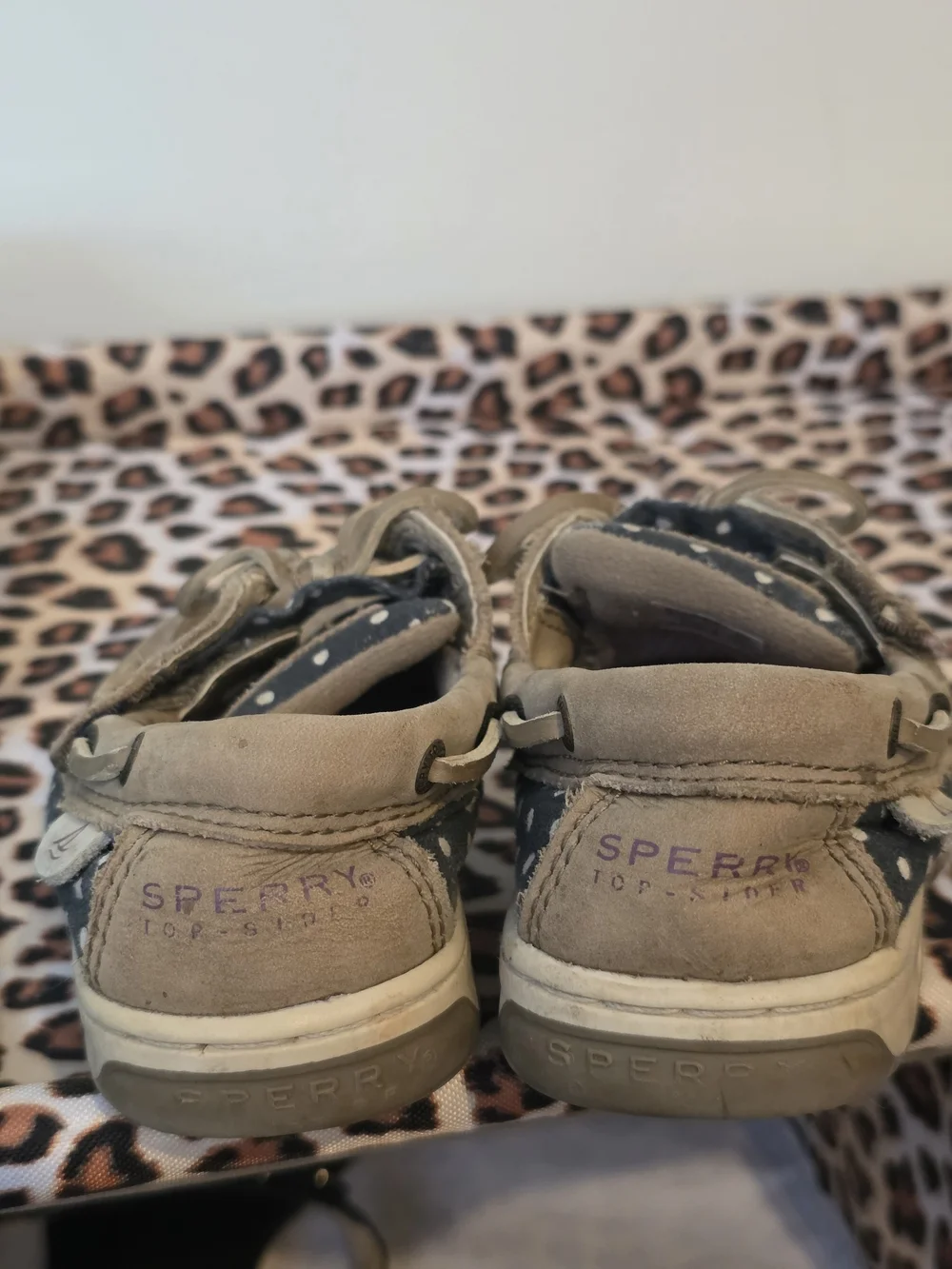 Sperry Bluefish Jr Boat Shoes Taupe Navy Polka Dot Toddler Girls 10M